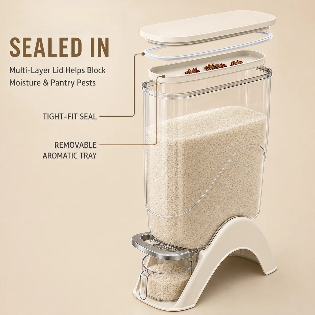 Rice Storage Container with Press-to-Pour Lid