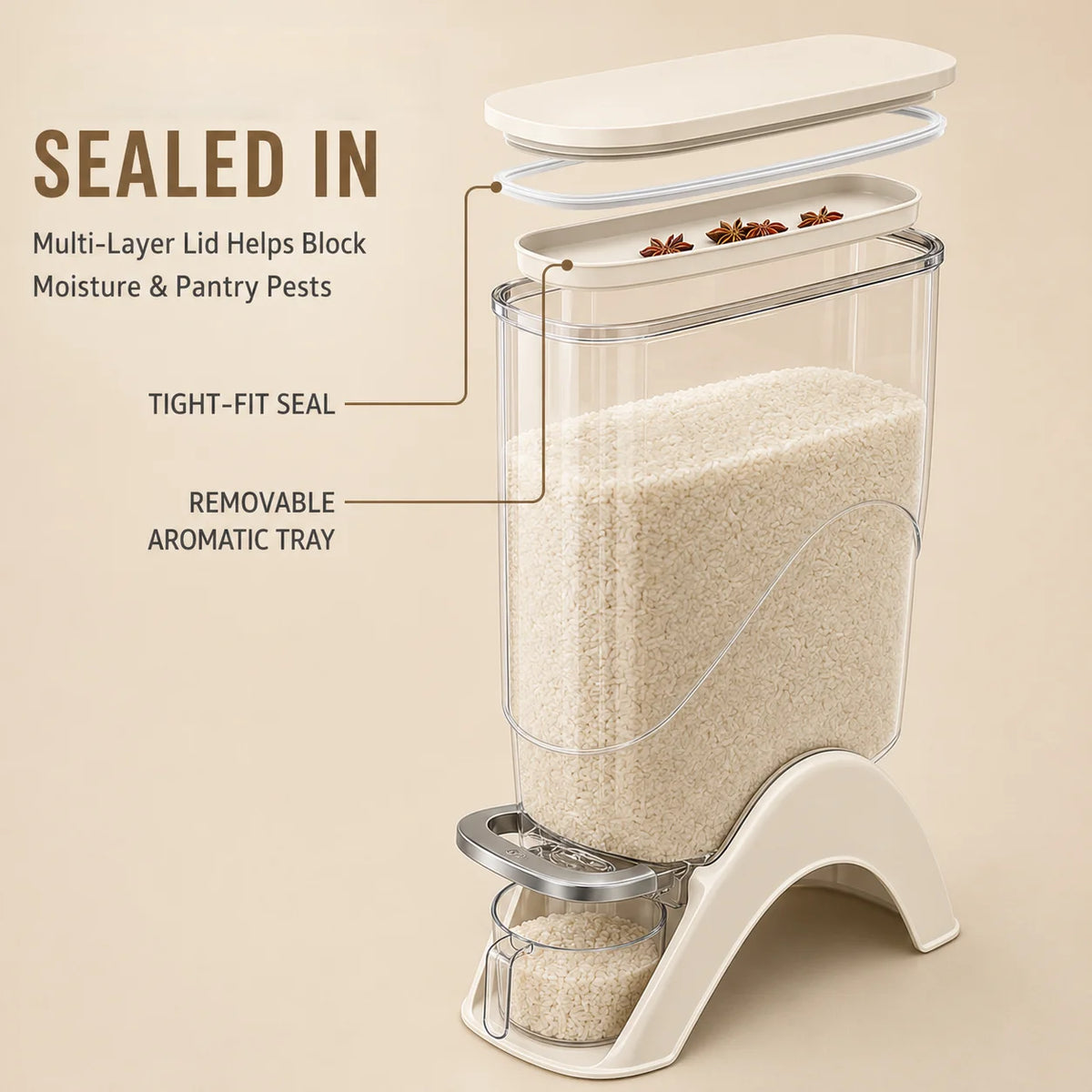 Rice Storage Container with Press-to-Pour Lid