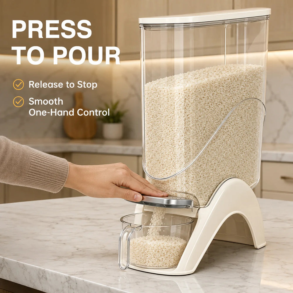 Rice Storage Container with Press-to-Pour Lid