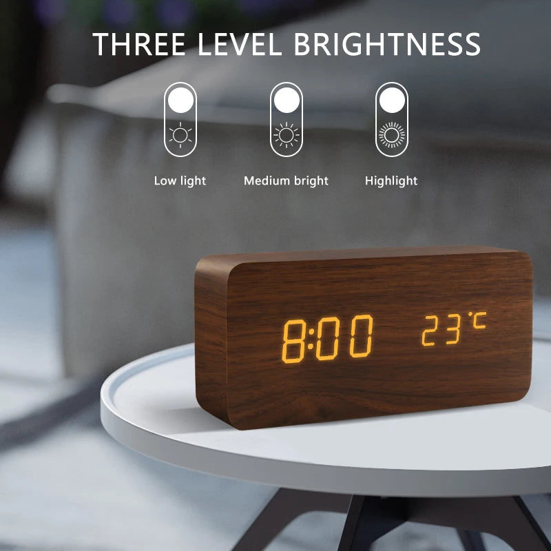 Modern Wooden LED Alarm Clock – Digital Desktop Clock with Voice Control, USB/AAA Battery Powered, Stylish Bedroom & Home Decor