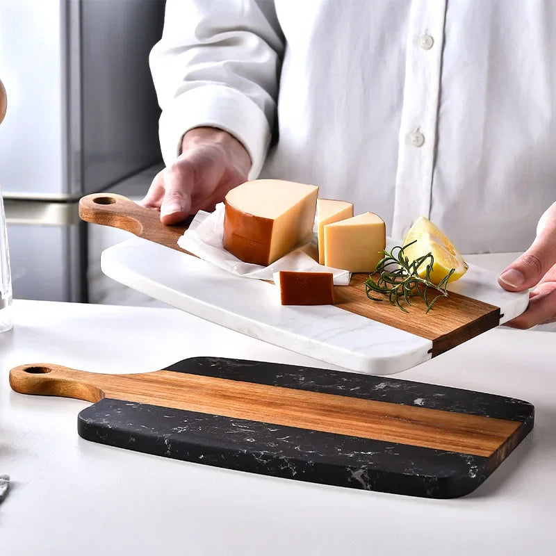 Black Marble & Wood Serving Board – Modern Kitchen Cutting & Charcuterie Platter