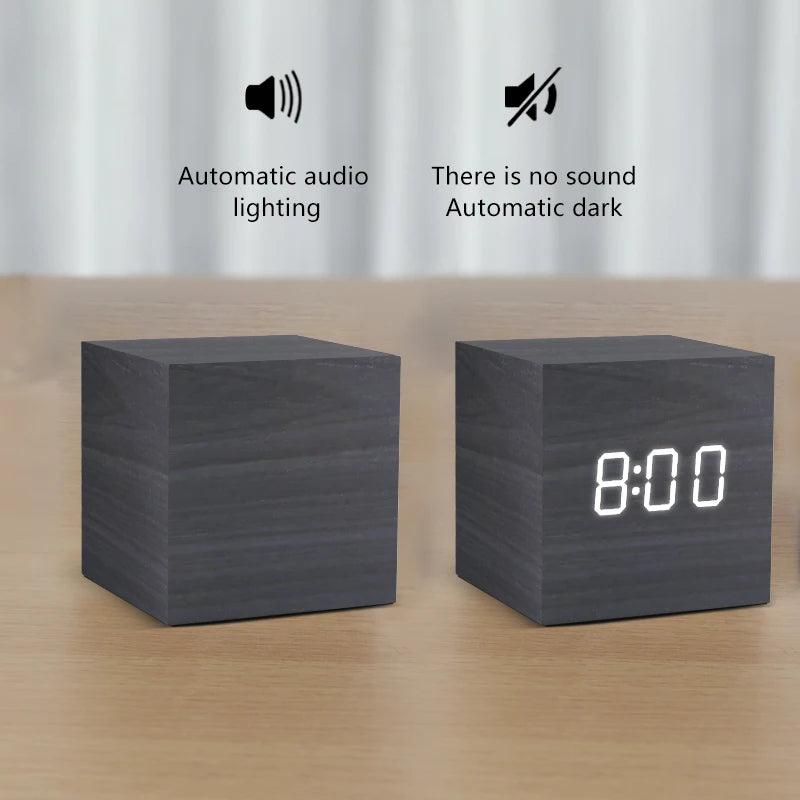 Modern Wooden LED Alarm Clock – Digital Desktop Clock with Voice Control, USB/AAA Battery Powered, Stylish Bedroom & Home Decor