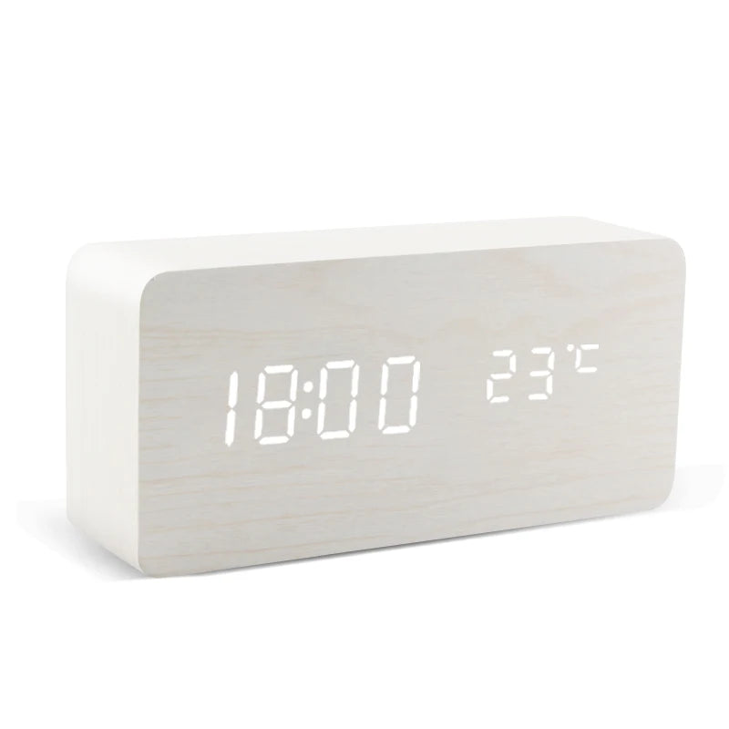 Modern Wooden LED Alarm Clock – Digital Desktop Clock with Voice Control, USB/AAA Battery Powered, Stylish Bedroom & Home Decor