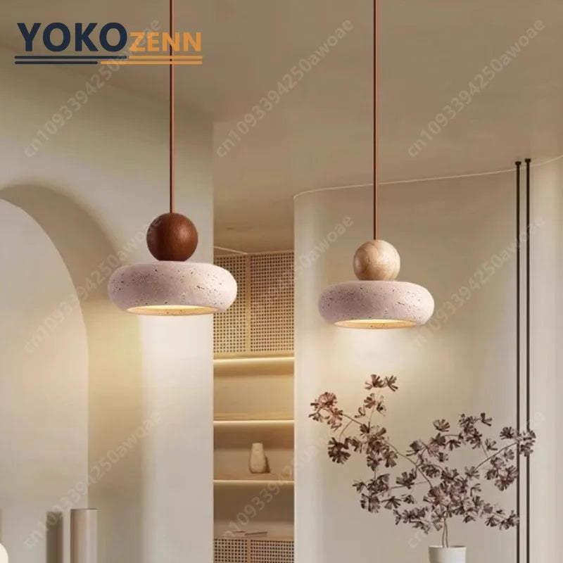 Japanese Wabi-Sabi Travertine LED Pendant Light – Natural Stone Hanging Lamp for Kitchen Island, Bedroom & Dining Decor