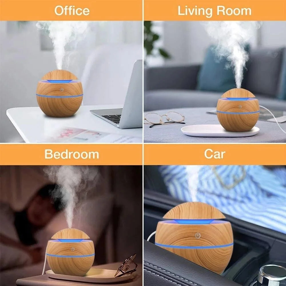 Wood Grain Ultrasonic Humidifier & Aroma Diffuser – Cool Mist Essential Oil Diffuser for Bedroom & Home