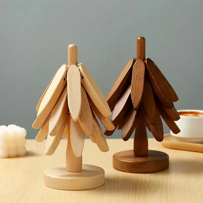 Creative Foldable Heat-Resistant Table Mat – Small Tree Design Wooden Trivet for Dining Table & Kitchen