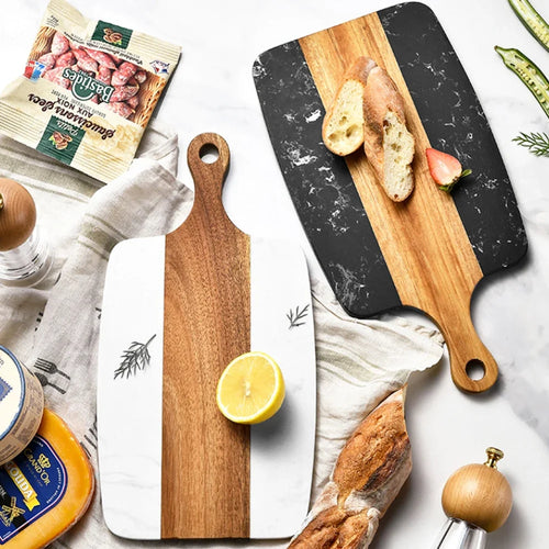 Black Marble & Wood Serving Board – Modern Kitchen Cutting & Charcuterie Platter
