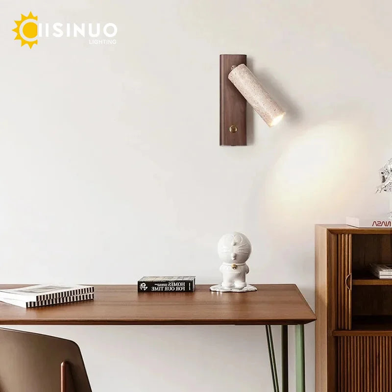 Wabi-Sabi Travertine Wall Sconce – Natural Stone & Wood Rotating Light for Bedroom & Hallway