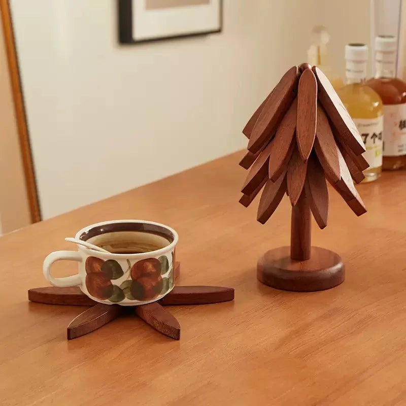Creative Foldable Heat-Resistant Table Mat – Small Tree Design Wooden Trivet for Dining Table & Kitchen