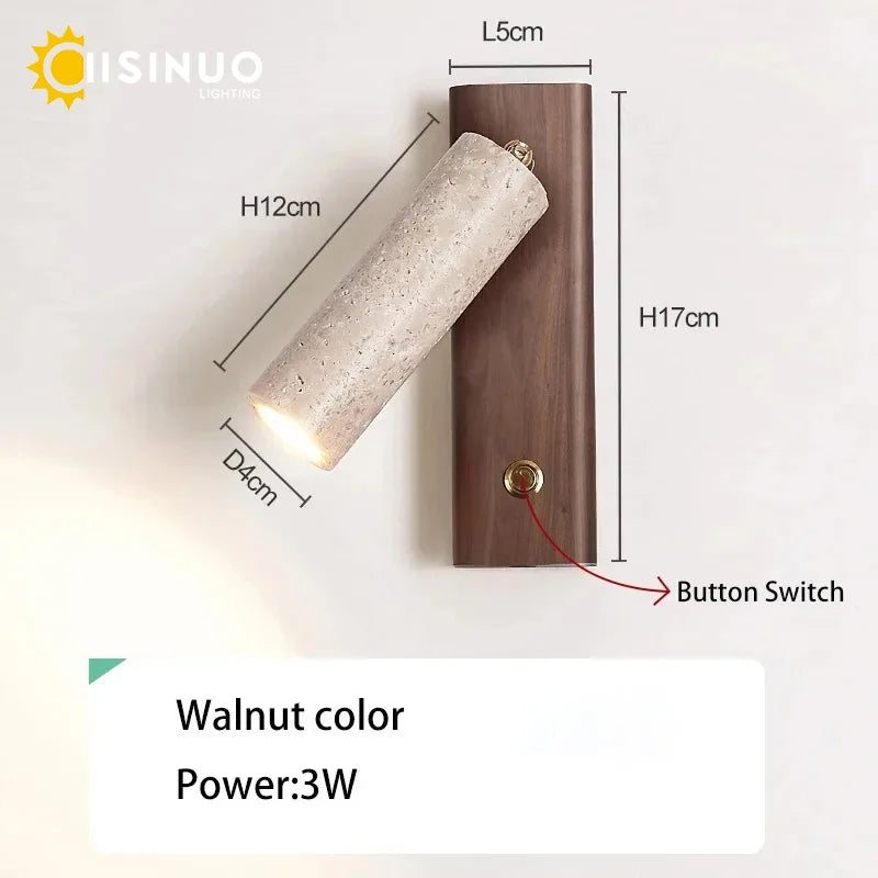 Wabi-Sabi Travertine Wall Sconce – Natural Stone & Wood Rotating Light for Bedroom & Hallway