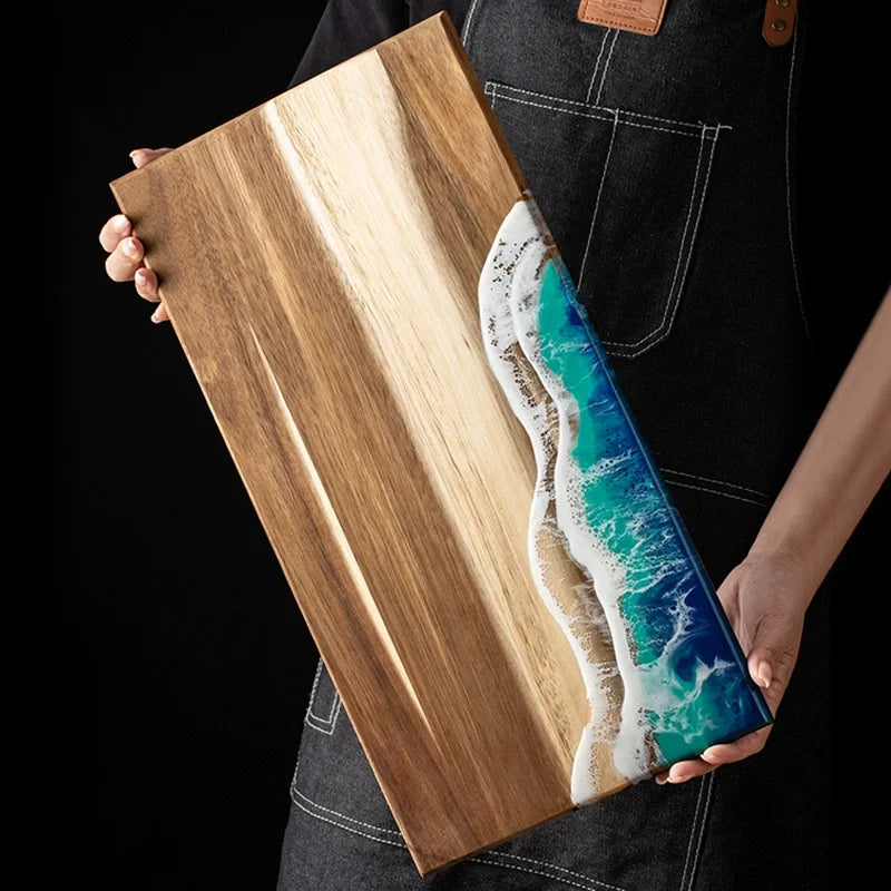Acacia Wood & Ocean Wave Resin Cutting Board – Artisan Charcuterie & Serving Board