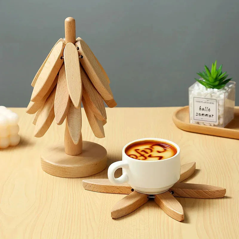 Creative Foldable Heat-Resistant Table Mat – Small Tree Design Wooden Trivet for Dining Table & Kitchen