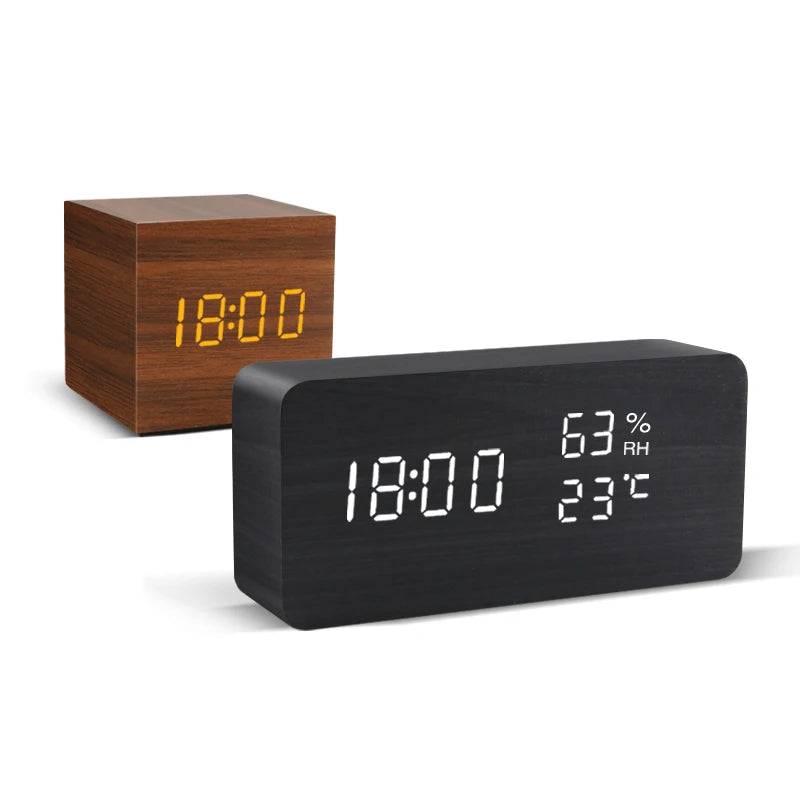 Modern Wooden LED Alarm Clock – Digital Desktop Clock with Voice Control, USB/AAA Battery Powered, Stylish Bedroom & Home Decor