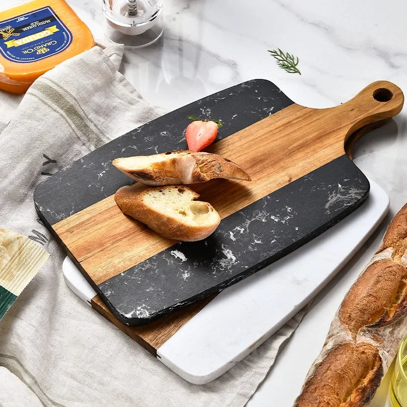 Black Marble & Wood Serving Board – Modern Kitchen Cutting & Charcuterie Platter