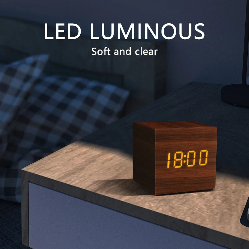Modern Wooden LED Alarm Clock – Digital Desktop Clock with Voice Control, USB/AAA Battery Powered, Stylish Bedroom & Home Decor
