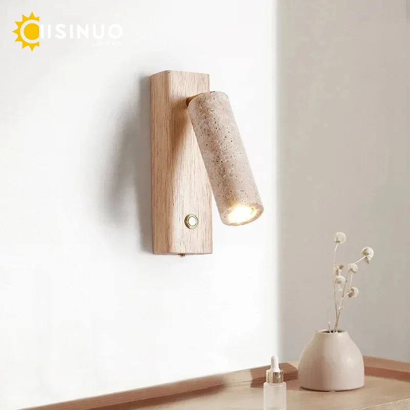 Wabi-Sabi Travertine Wall Sconce – Natural Stone & Wood Rotating Light for Bedroom & Hallway