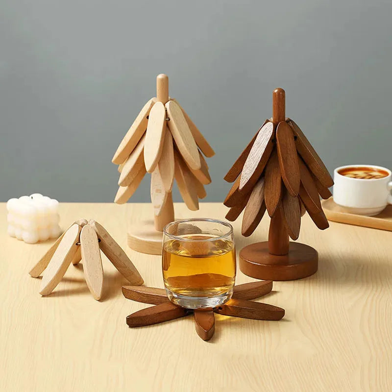 Creative Foldable Heat-Resistant Table Mat – Small Tree Design Wooden Trivet for Dining Table & Kitchen