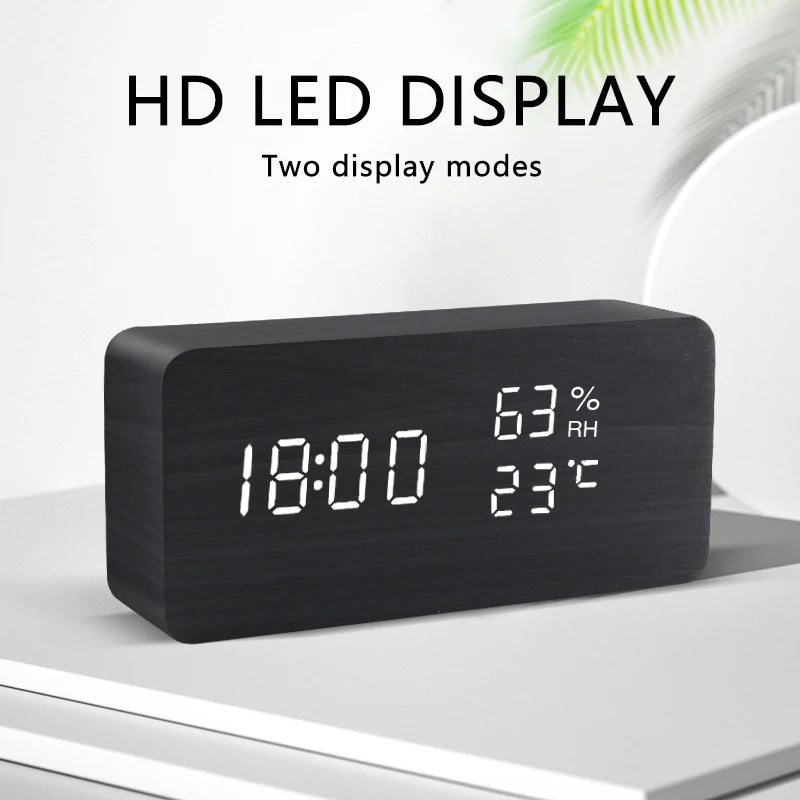Modern Wooden LED Alarm Clock – Digital Desktop Clock with Voice Control, USB/AAA Battery Powered, Stylish Bedroom & Home Decor