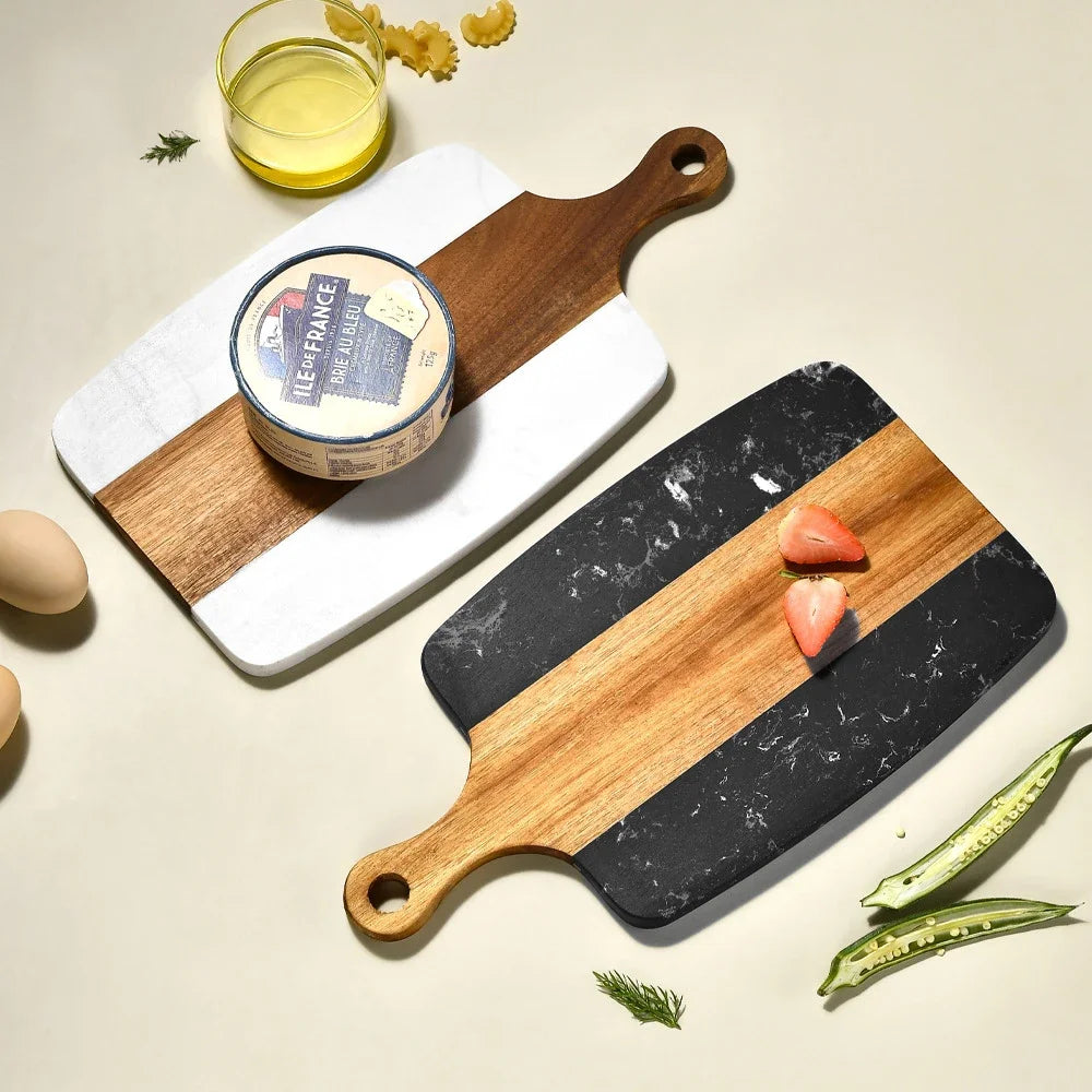 Black Marble & Wood Serving Board – Modern Kitchen Cutting & Charcuterie Platter