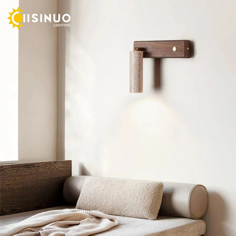Wabi-Sabi Travertine Wall Sconce – Natural Stone & Wood Rotating Light for Bedroom & Hallway