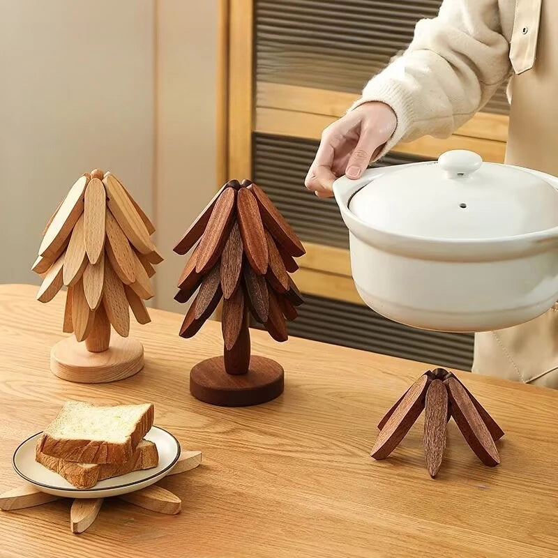 Creative Foldable Heat-Resistant Table Mat – Small Tree Design Wooden Trivet for Dining Table & Kitchen