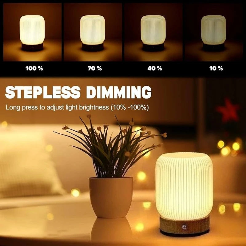 Wood Grain Touch Table Lamp – Wireless Portable Bedside Light for Bedroom & Home Decor