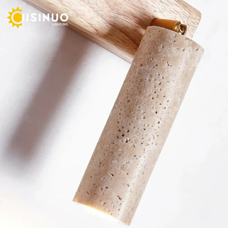 Wabi-Sabi Travertine Wall Sconce – Natural Stone & Wood Rotating Light for Bedroom & Hallway