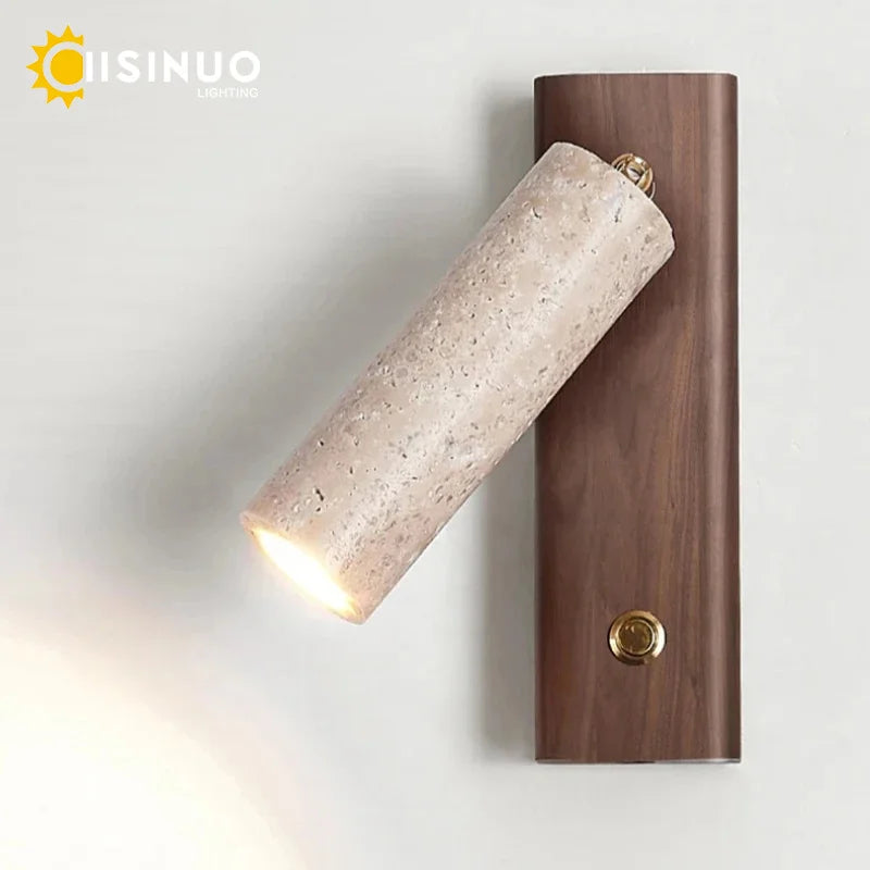 Wabi-Sabi Travertine Wall Sconce – Natural Stone & Wood Rotating Light for Bedroom & Hallway
