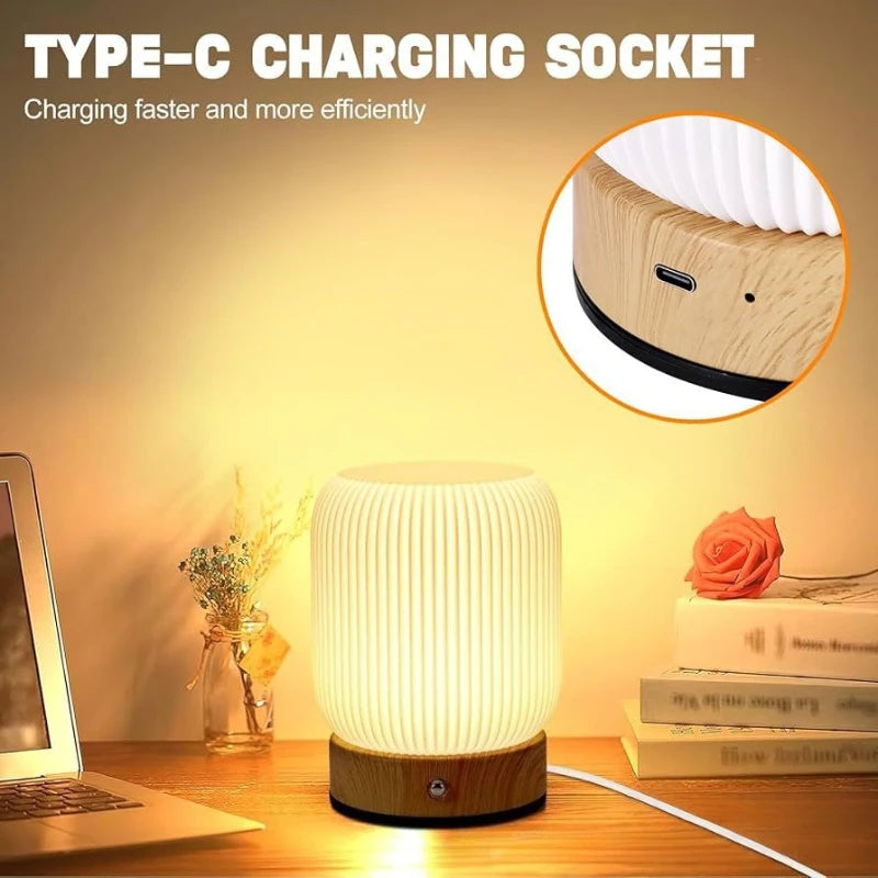 Wood Grain Touch Table Lamp – Wireless Portable Bedside Light for Bedroom & Home Decor