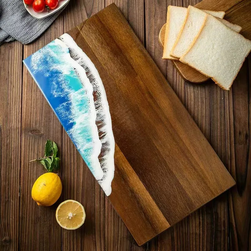 Acacia Wood & Ocean Wave Resin Cutting Board – Artisan Charcuterie & Serving Board