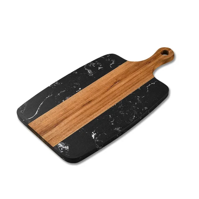 Black Marble & Wood Serving Board – Modern Kitchen Cutting & Charcuterie Platter