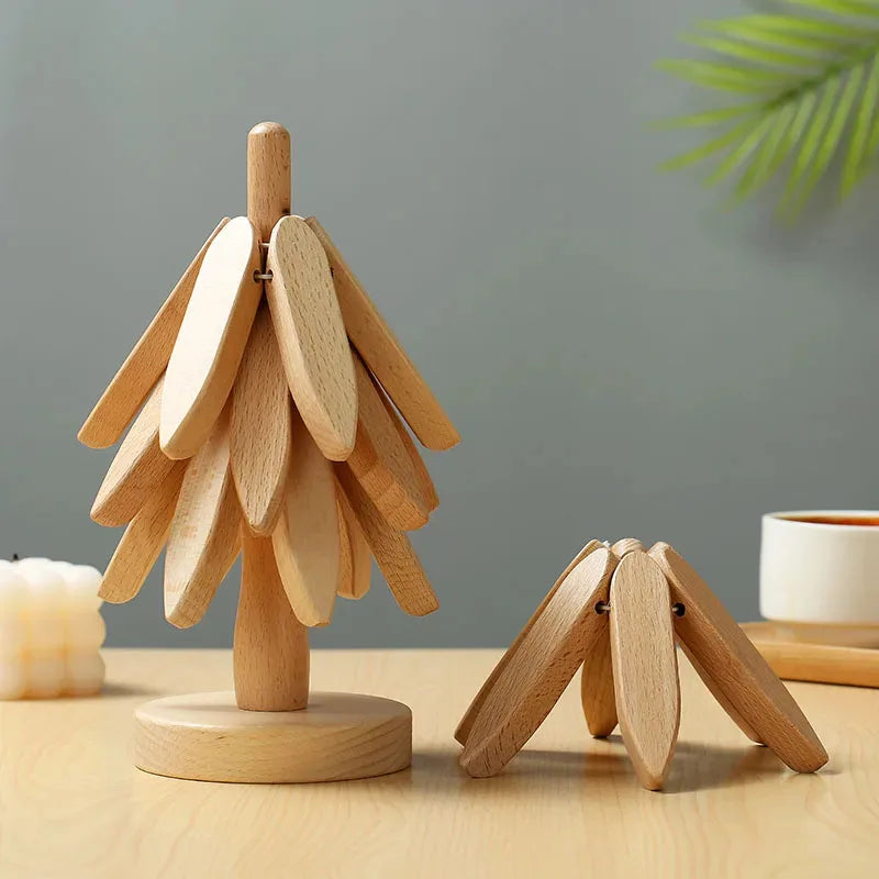 Creative Foldable Heat-Resistant Table Mat – Small Tree Design Wooden Trivet for Dining Table & Kitchen