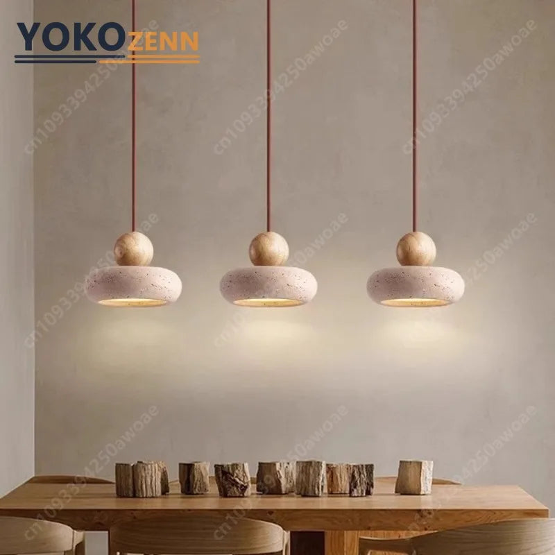 Japanese Wabi-Sabi Travertine LED Pendant Light – Natural Stone Hanging Lamp for Kitchen Island, Bedroom & Dining Decor